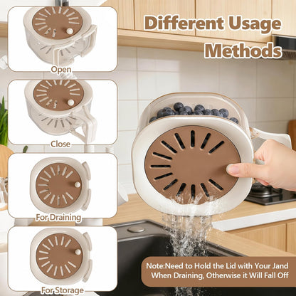 2PCS Fruit Washer with Strainer - Draining and Preservation Basket Fruit Washing Bowl Fridge Berry Container,Folding Handel for Kitchen,Outdoor
