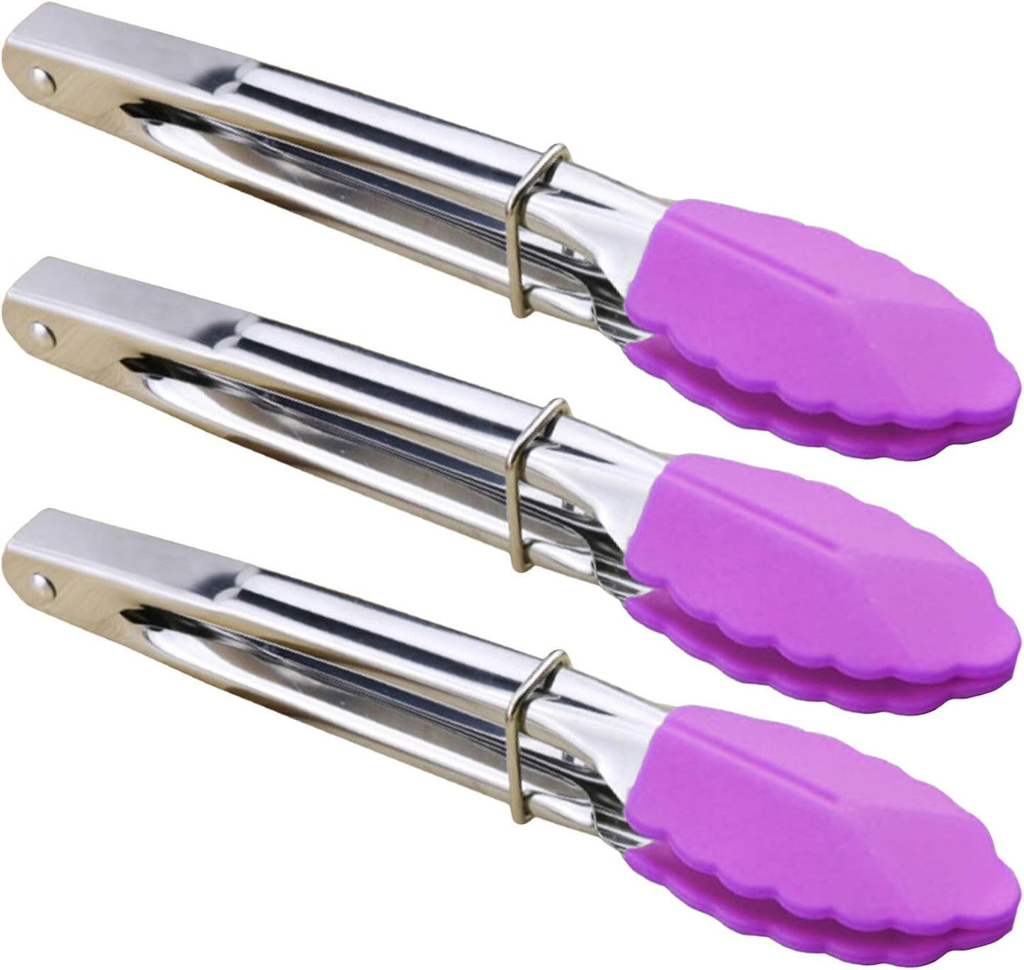 HINMAY Mini Stainless Steel Food Tongs with Silding Rings 7-Inch, Set of 6 | Small Clam Shell Service Tongs for Serving Appetizers, Desserts, Salads, Barbecue and Cooking (Silver)