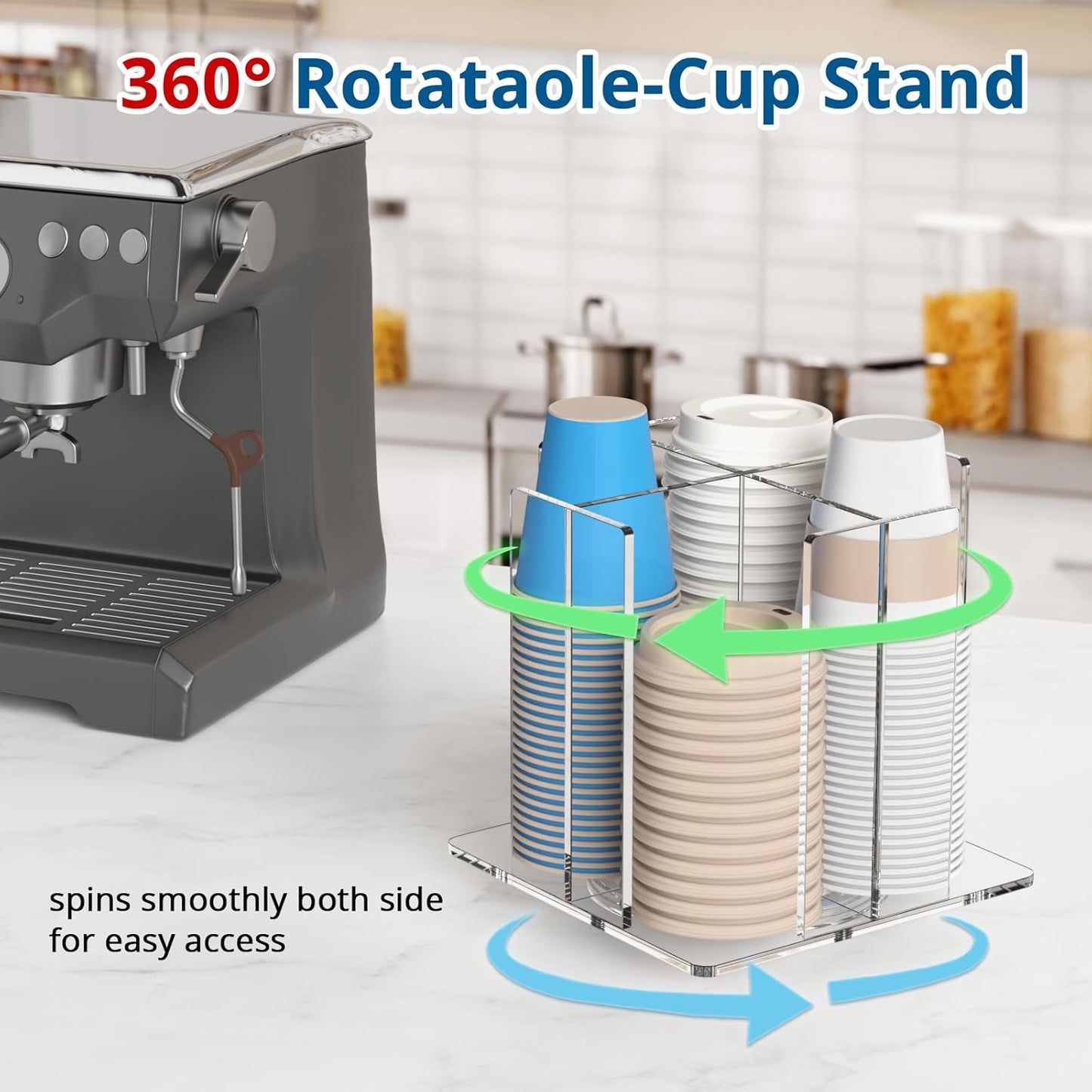 KOTEMON Cup and Lid Holder, 4 Compartment, Square | Rotating Coffee Cup Dispenser Lid Carousel for Restaurant, Buffet, Coffee Station, Bar, Countertop, Clear Acrylic