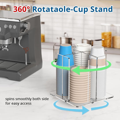 KOTEMON Cup and Lid Holder, 4 Compartment, Square | Rotating Coffee Cup Dispenser Lid Carousel for Restaurant, Buffet, Coffee Station, Bar, Countertop, Clear Acrylic