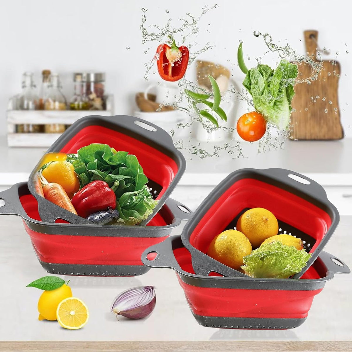 2 PCS Collapsible Colander, Collapsible Strainers for Kitchen, 11.5 inch Silicone Strainer and 9.5 inch Silicone Colander for Draining Vegetable fruit, Kitchen Food Strainer, Blue (Green)