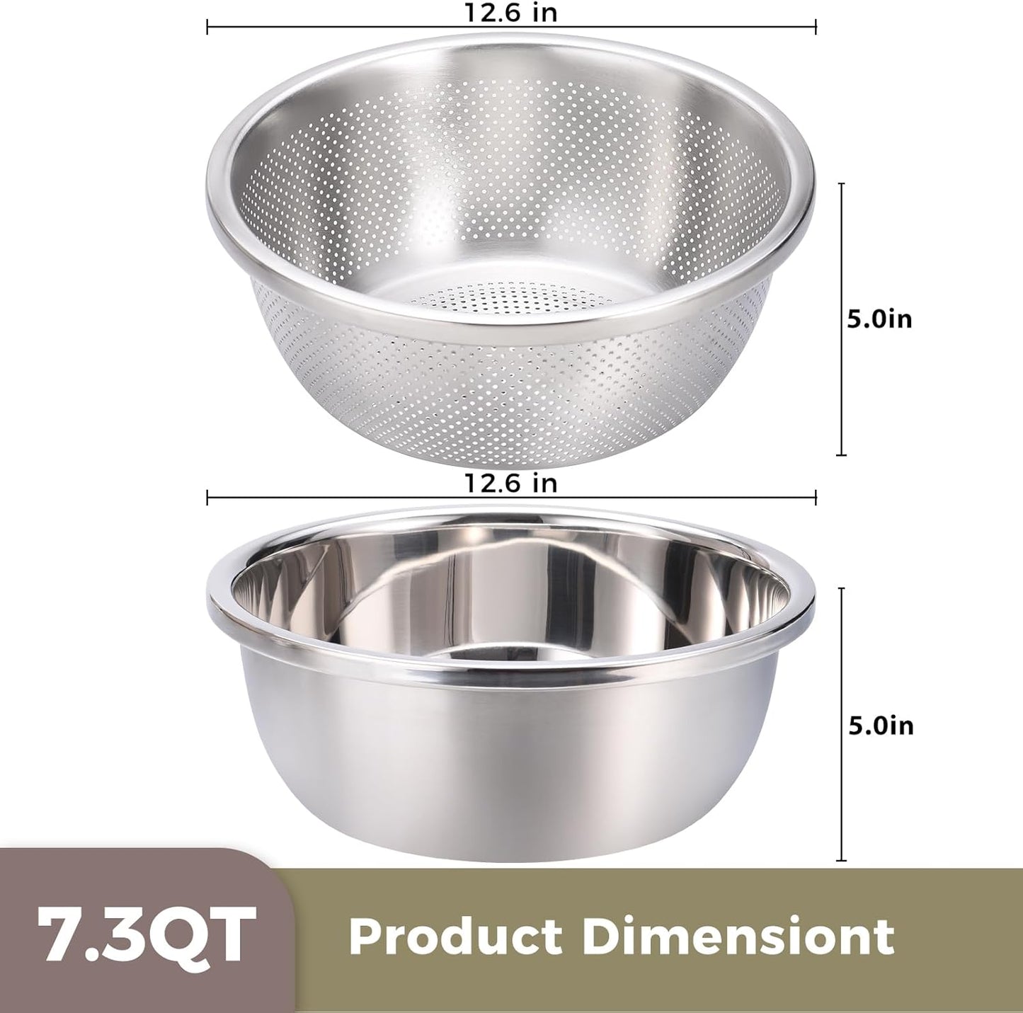 Colander and Bowl Set 6.0QT (2-in-1) - Thickened 304 Stainless Steel Kitchen Strainer Bowl for Fruit, Pasta, Vegetables, Rice - Heavy Duty, Induction Cooker & Dishwasher Safe