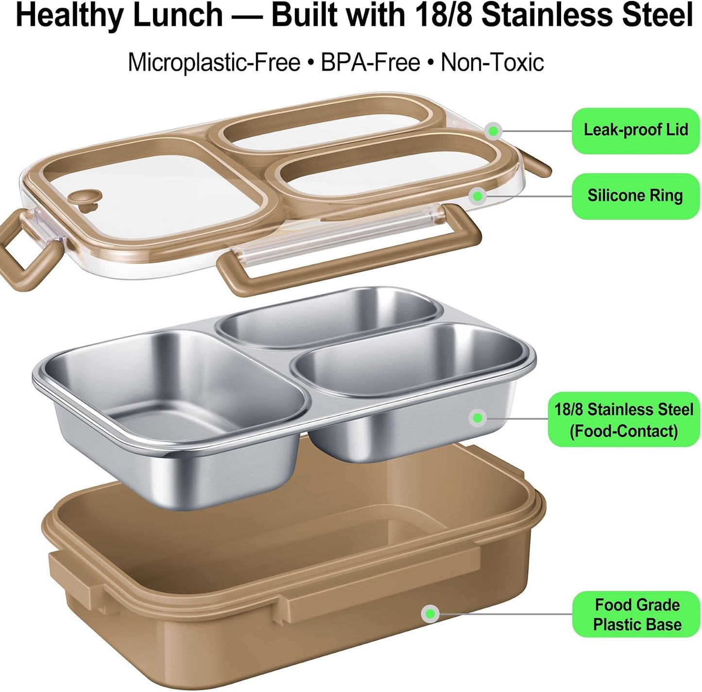 KTKUDY Stainless Steel Bento Box for Kids & Adults - 25 oz - Leakproof 3 Compartment Metal Lunch Container - 18/8 Stainless Steel Lunch Box Kids - Ideal for School, Office & Outdoor (Cream)
