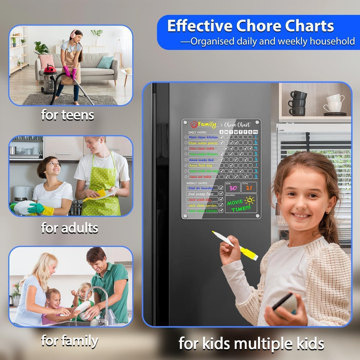 PigPotParty Acrylic Magnetic Chore Chart for Adults, 12x9.5 Inch Clear Dry Erase Chore Board for Fridge, Daily Weekly and Notes Sections, Pre-Installed Embedded Magnets, 8 Fine-tip Markers and Towel