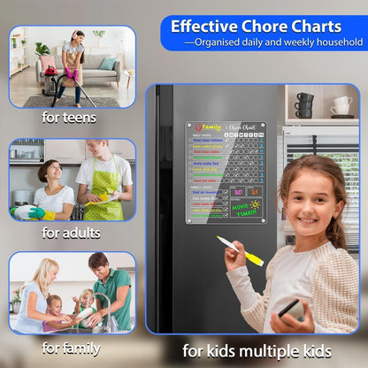 PigPotParty Acrylic Magnetic Chore Chart for Adults, 12x9.5 Inch Clear Dry Erase Chore Board for Fridge, Daily Weekly and Notes Sections, Pre-Installed Embedded Magnets, 8 Fine-tip Markers and Towel