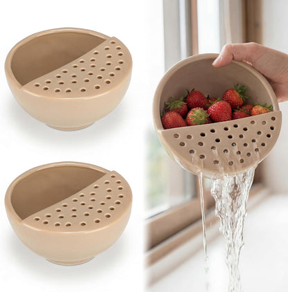 Hushee Ceramic Berry Basket with Holes Set of 2 Ceramic Fruit Container 2 In 1 Washing Bowl 6'' Strainer Bowl Fruit Bowls Colander for Kitchen Strawberry Grape Cherry Stoneware Fridge Harvest Bowls
