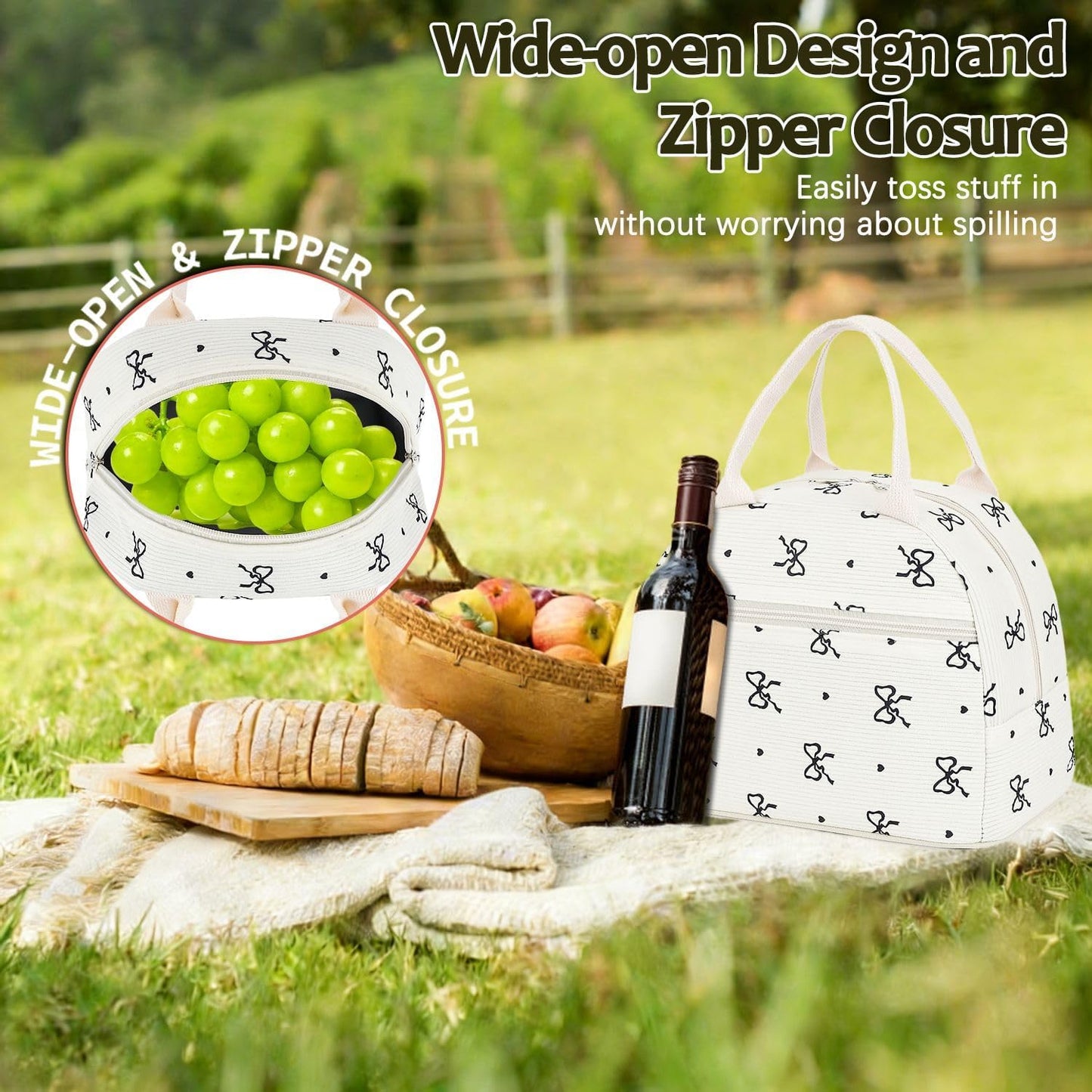 GYEUKHAM Lunch Bag Women, Lunch Box for Adult Men Kids Girls, Small Cute Lunchbox Tote Large Capacity Insulated Lunch Container Cooler for Work School Picnic Travel, Black White Stripes