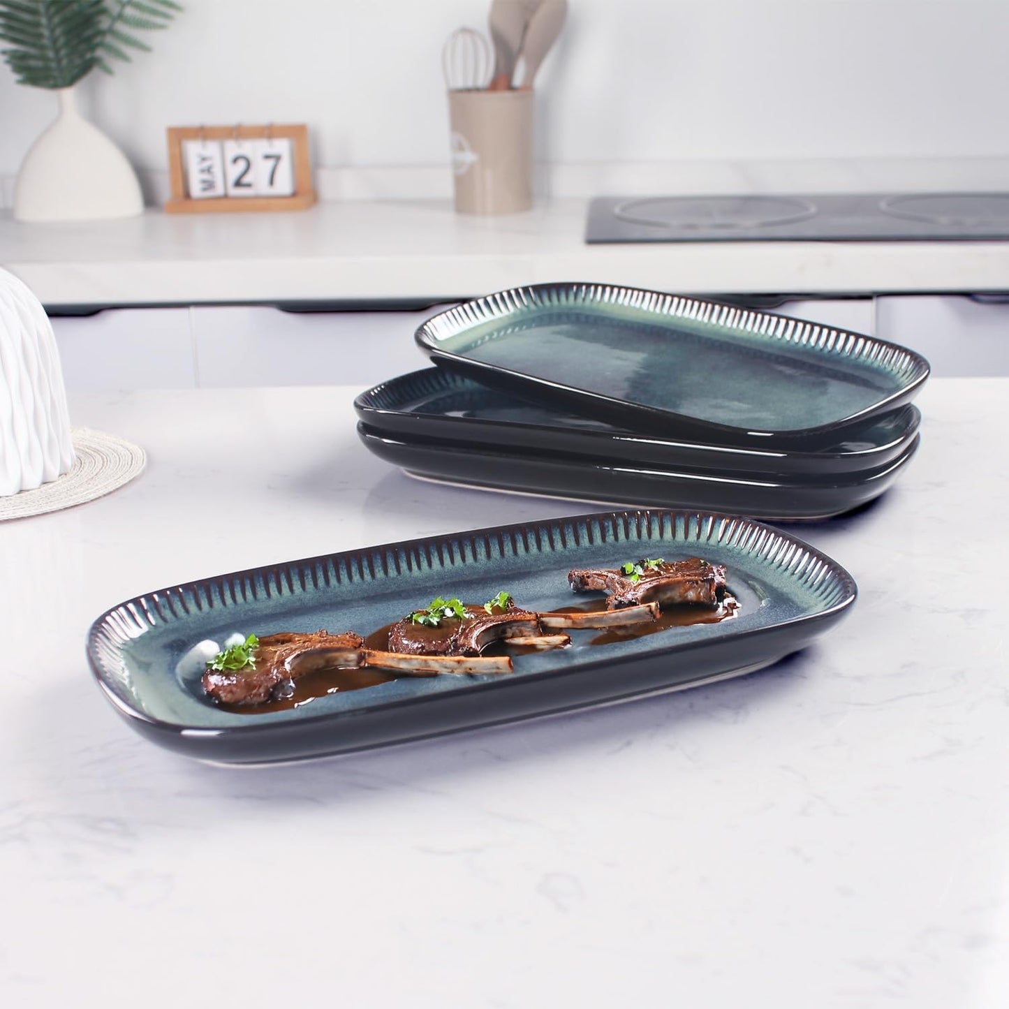 Porcelain Rectangular Plates, Large Cookie Trays, Set of 4, Shatterproof, Dishwasher-Safe, Perfect for Sushi, Baguettes, Snacks, Appetizers, Rolls, or Table Centerpieces.