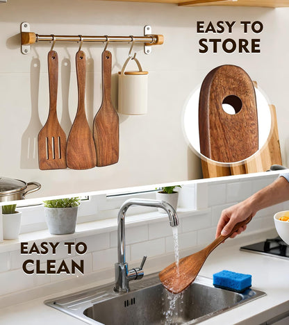 Wooden Spatula, Acacia Solid & Slotted Turner Spatula Set, Long Handle Flat Frying Spatulas, Ideal Kitchen Gift for Mother and Grandma, Kitchen Utensils Set for Cooking, Frying, Baking