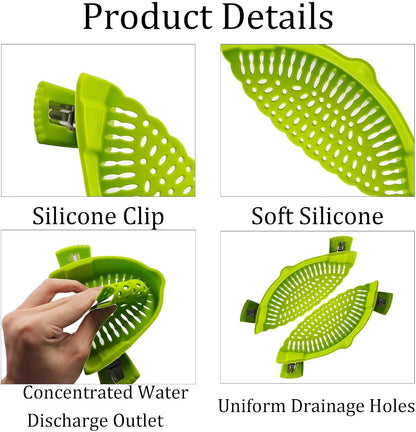 Blue Silicone Clip On Strainer, Universal Pot Colander for Draining Pasta, Vegetables and Kitchen Cooking