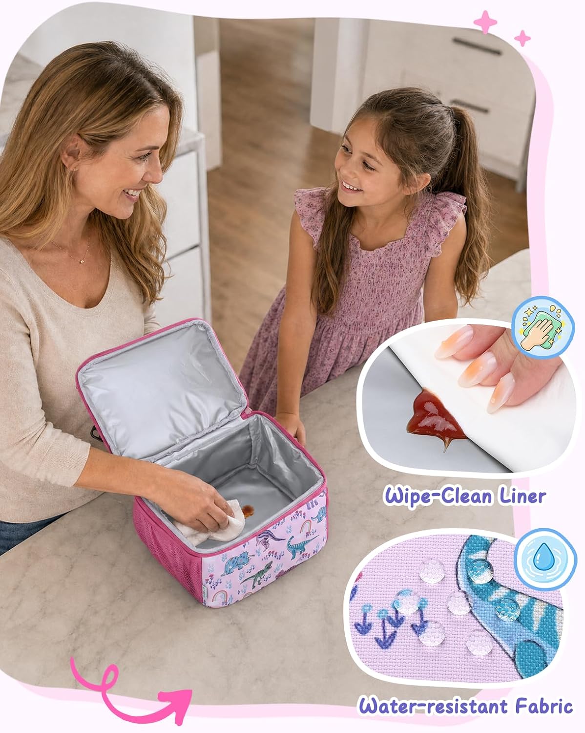 VASCHY Lunch Box Bag for Kids, Insulated Double Compartments Cooler Lunch Tote for Toddlers Boys Girls School/Daycare/Picnic Black Dinos