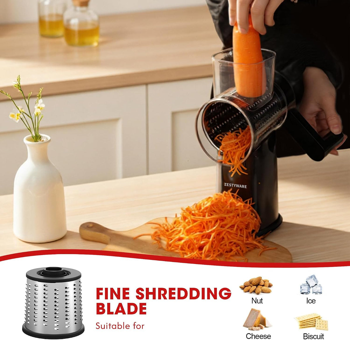 Rotary Cheese Grater Hand Crank with Foldable Handle, Three Blades