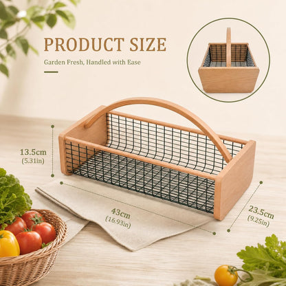 Garden Harvest Basket for Gathering Vegetables, Fruits & Flowers – Durable Wooden Hod with Rotating Handle, Coated Wire Mesh Produce Caddy for Rinsing, Draining & Farmhouse Decor