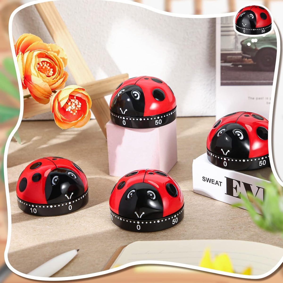 Kanayu 4 Pcs Ladybug Kitchen Timer for Kid Mechanical Egg Timer for Cooking