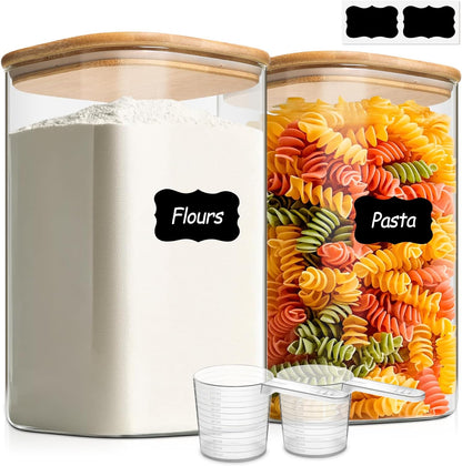 ComSaf Glass Food Storage Containers, 3.6Qt/1.2Qt Glass Flour and Sugar Containers with Airtight Lids, Large Square Jars with Bamboo Lids for Rice, Pasta, Oats, Grains, Cookies, Snacks, Candy