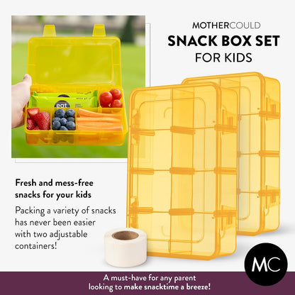 Large Kids Snack Box Containers Set of 2 -100 Labels, BPA-Free, Adjustable Compartments, Dishwasher Safe, Reusable Tray, Food Grade, Meal Prep Container, PARENT TESTED PARENT APPROVED AWARD (Clear)
