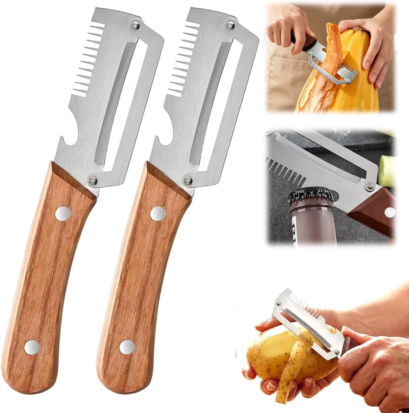 2PCS Multifunctional Vegetable Peeler, 3-in-1 Stainless Steel Vegetable Peeler with Wooden Handle and Bottle Opener, Kitchen Gadgets for Fruit Veggie