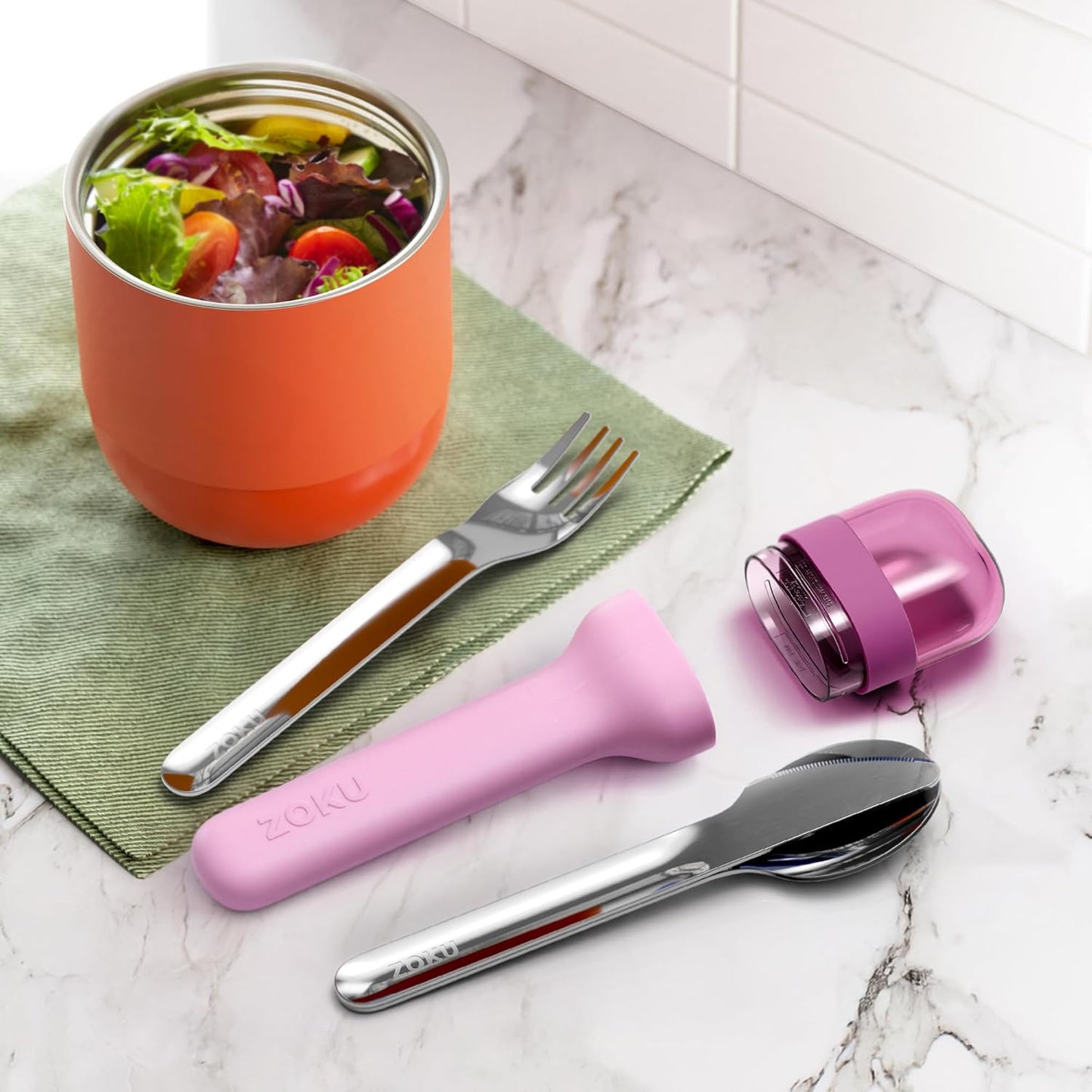 ZOKU Pocket Utensil Set, Blue - Stainless Steel Fork, Knife, and Spoon Nest in Case - Portable Design for Travel, School, Work, Picnics, Camping and Outdoor Home Use
