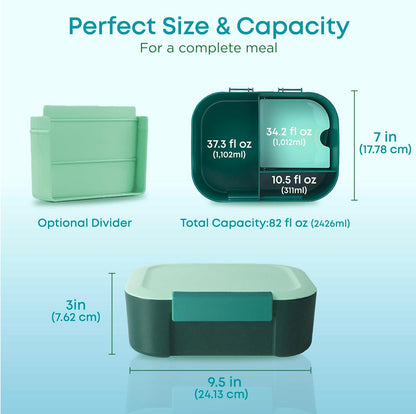 KARRICO Leakproof Lunch Box – 3-Compartment Bento Box, Cooler Pack & Adjustable Divider, Extra Large & BPA-Free – Dishwasher Safe, Ideal for On-the-Go Meals, Green