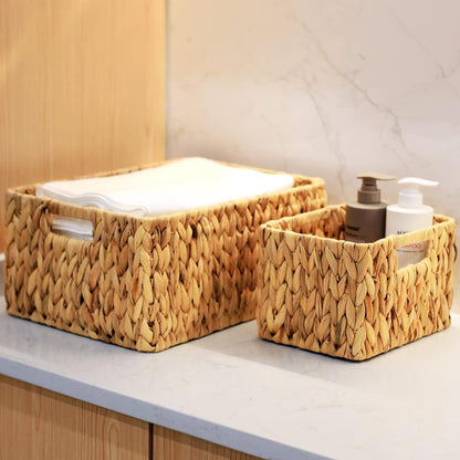 HOONEX Water Hyacinth Storage Baskets, Wicker Baskets for Storage, Hand Woven Baskets with Carry Handles, Set of 2, Natural