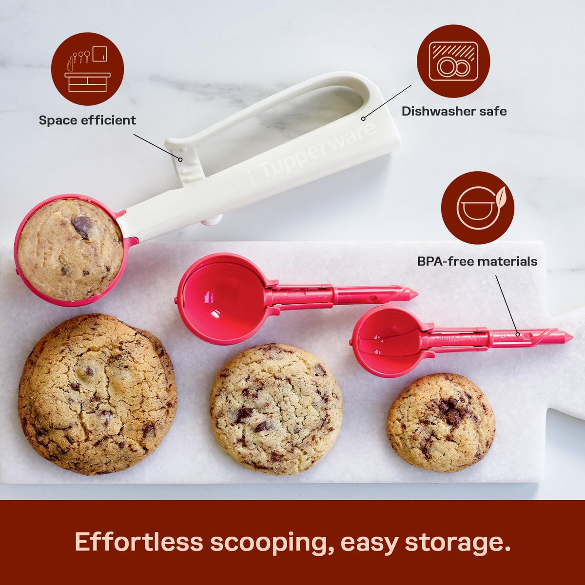 Tupperware Portioning Scoops, Universal Handle and Three Snap-on Scoops (Small, Medium and Large)