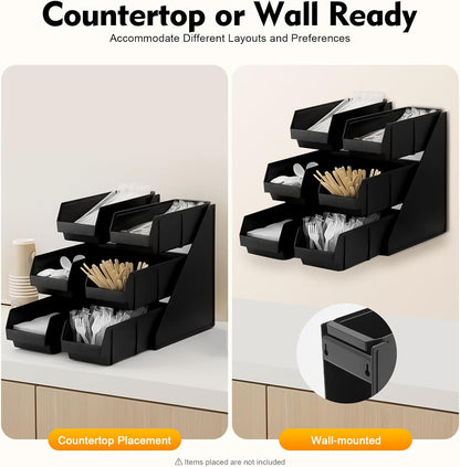 Serve Condiment Bin, 3-Tier 6-Compartment Plastic Containers Storage Bins, Wall Mount or Tabletop Condiment Organizer, Easy Assembly Space-Saving for Kitchen, Restaurant, Party