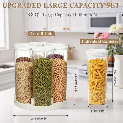 6 Grids 360° Rotating Cereal Dispenser Countertop - 7 lbs Rice Dispenser for Pantry Kitchen - Small Food Storage Containers Set with Lids - Grain Cereal Storage Container for Oats, Flour, Bean