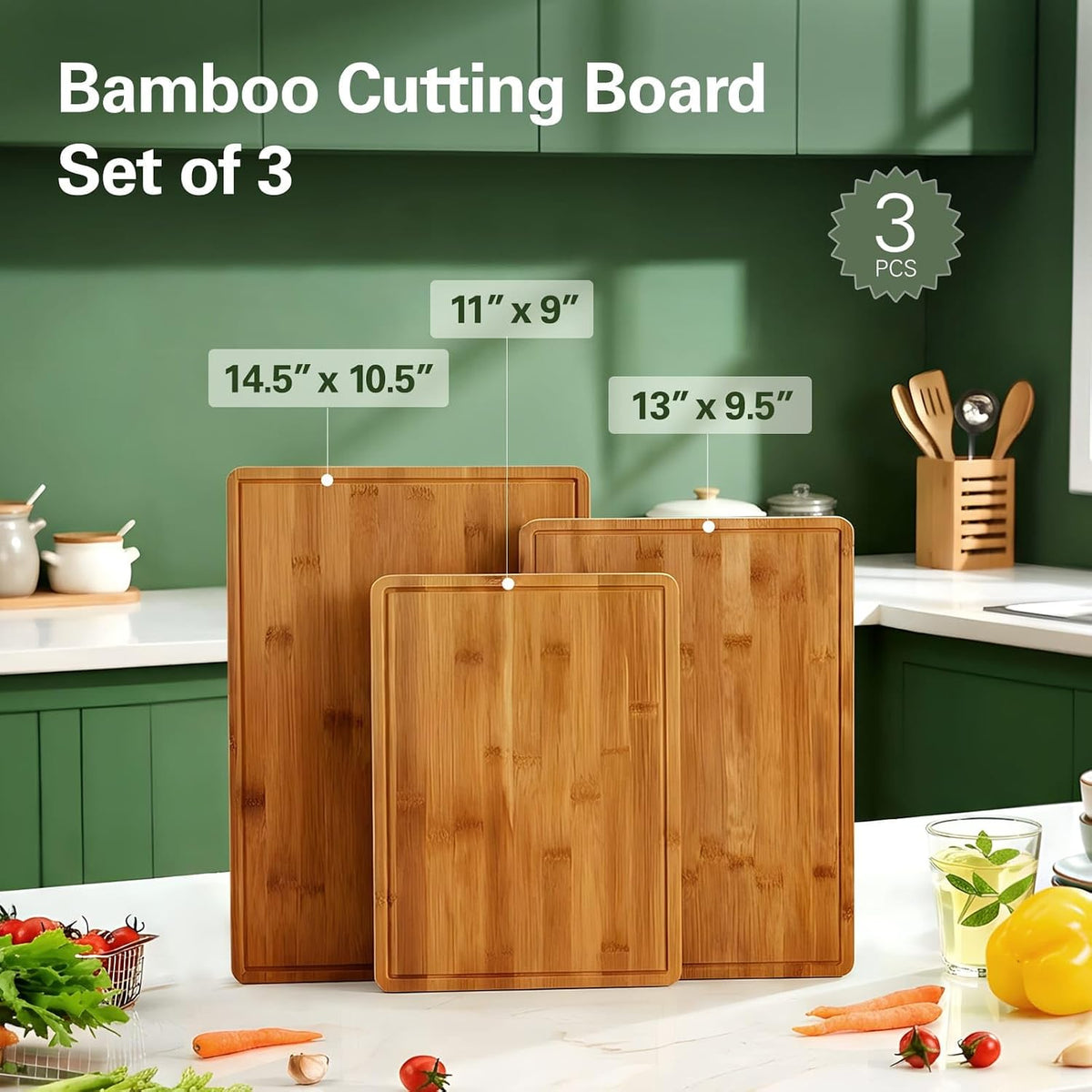 Zarler Bamboo Cutting Boards for Kitchen, 3 Piece Durable Wood Cutting Board with Juice Grooves and Handles, Wooden Chopping Board Set for Meal Prep, XL Size, Ideal Kitchen Gift