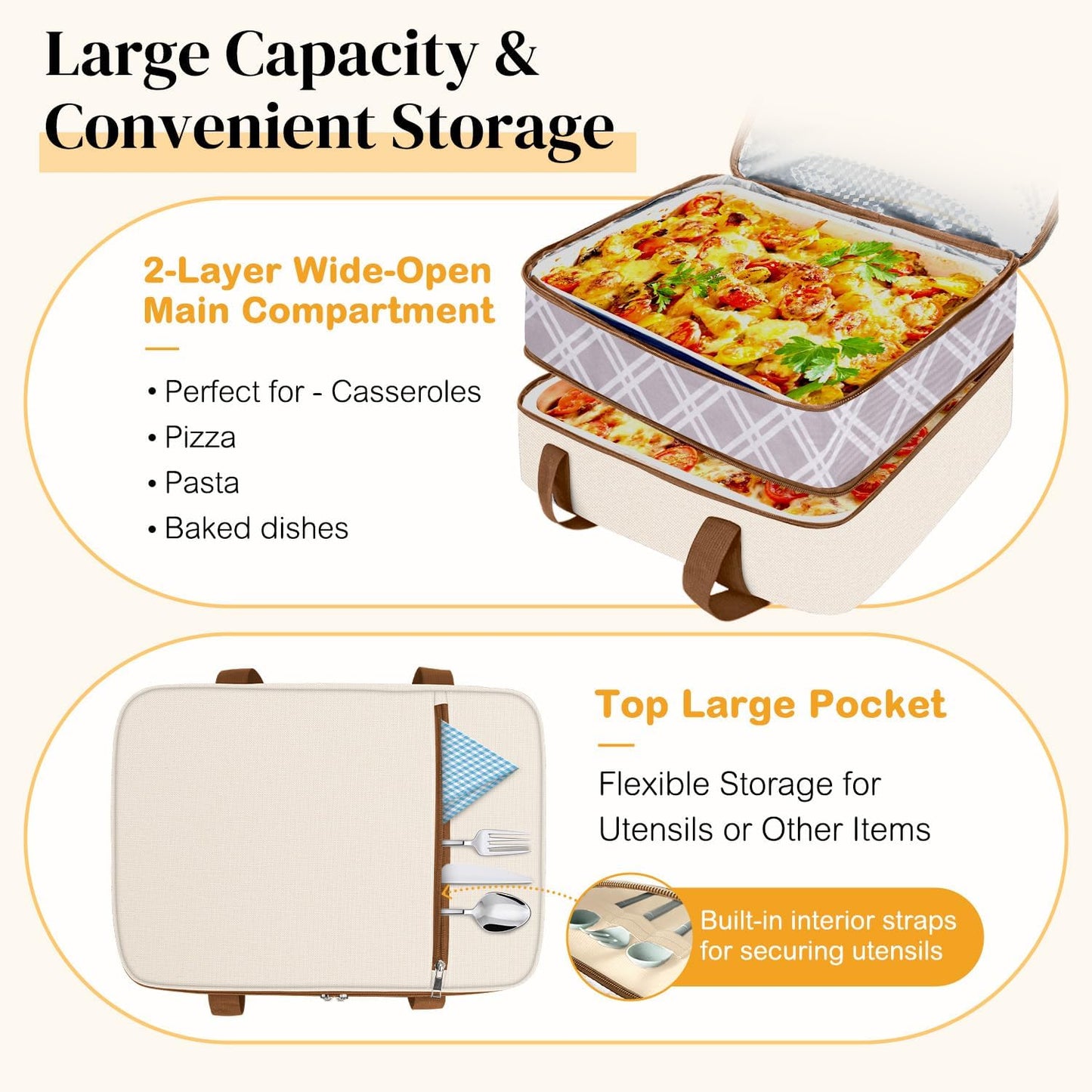 Coobiiya Insulated Casserole Carrier,Lasagna Lugger Tote Keeps Food Hot or Cold,Thermal Lunch Bag Warmer & Cooler Carrier Bag,Portable Tote Bag Fits 9" x 13" Baking Dish for Picnic and Cookout