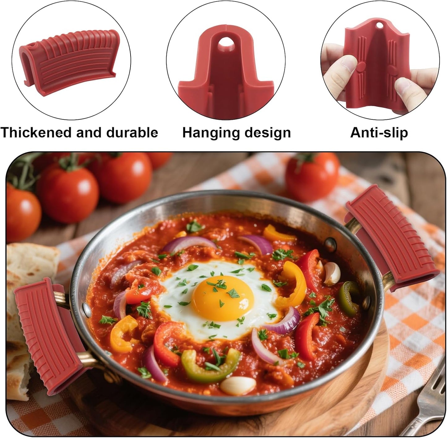 4 PCS Silicone Pot Handle Holders, Hot Skillet Handle Covers for Cast Iron Pans - Heat Resistant Non-Slip Grip Sleeves for Frying Pans, Griddles(Red)
