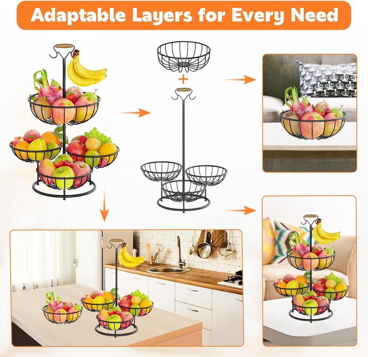 PouHenier.jh 3 Tier Rotating Fruit Basket Bowl, Kitchen Counter Wire Produce Organizer Holder, Stable Vegetable Storage Stand with 2 Banana Hangers, Countertop Tiered Veggie Rack, Easy Setup, Black