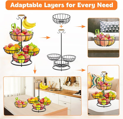PouHenier.jh 3 Tier Rotating Fruit Basket Bowl, Kitchen Counter Wire Produce Organizer Holder, Stable Vegetable Storage Stand with 2 Banana Hangers, Countertop Tiered Veggie Rack, Easy Setup, Black