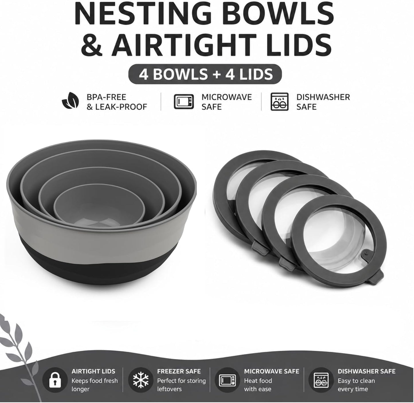 Pera Mixing Bowls with Lids, 8-Piece Airtight Leak-Proof Nesting BPA-Free Bowl Set for Kitchen & Food Storage, Large 4200ml Capacity, Microwave & Dishwasher Safe
