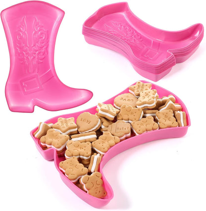 Uiifan 24 Pcs Cowboy Boot Serving Trays, Western Party Decorations Disposable Western Party Supplies Plastic Cowgirl Boot Plates for Snacks(Brown)