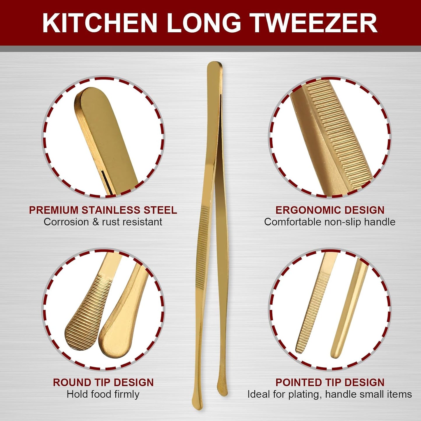 12 Inch & 10 Inch Fine Long Tweezers Tongs Stainless Steel, Rainbow Professional Kitchen Tweezers Tongs for Cooking, BBQ, Plating, Repairing (Pack of 4)