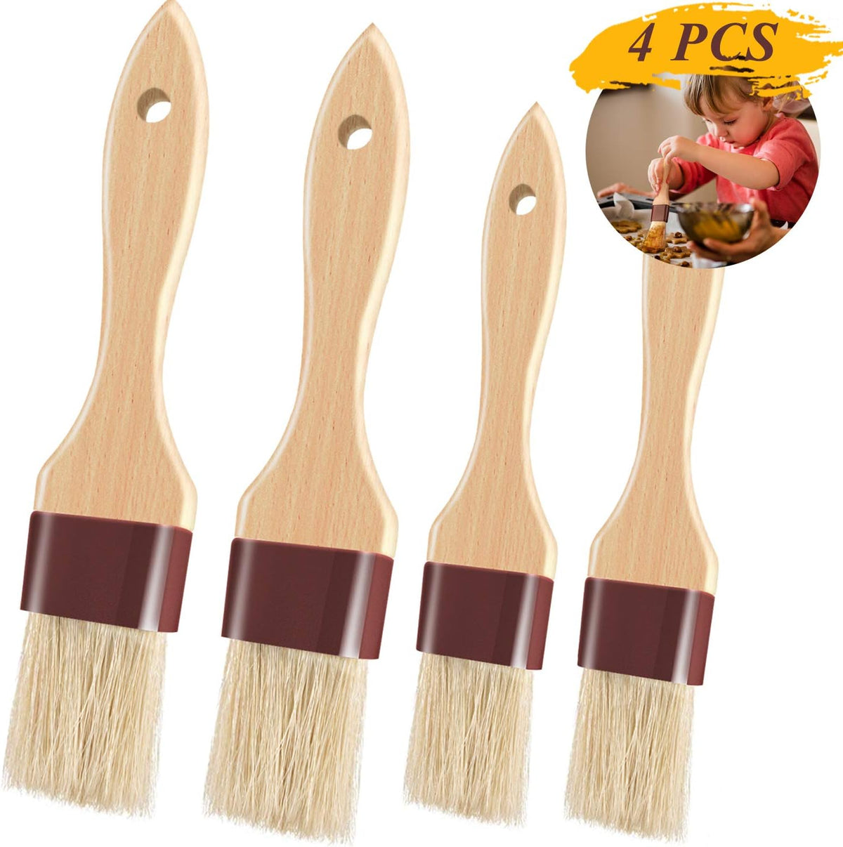 Pastry Brushes for Baking Basting Brush with Boar Bristles and Beech Hardwood Handles Culinary Oil Brush for Barbecue Butter Grill BBQ Sauce Baster Marinade Kitchen Food Cooking Brushes (1 inch)
