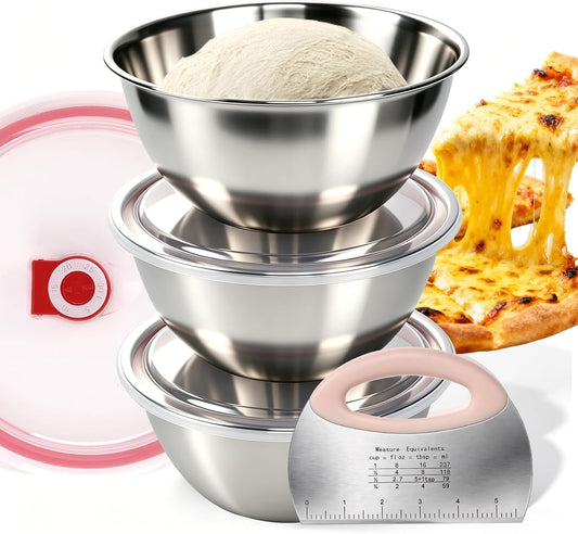 3 Pack Pizza Dough Proofing Box Includes Cutter, 800ML Stainless Steel Food Storage Container with Lid, Household Pizza Dough Bowl for Bread & Dough Balls