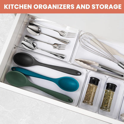 Criusia Large Drawer Organizer Bins 26 Pack | Complete 5 Size Clear Plastic Kitchen Drawer Organizers for Utensils | Bathroom Drawer Organizer Trays | Versatile for Makeup Office Organization