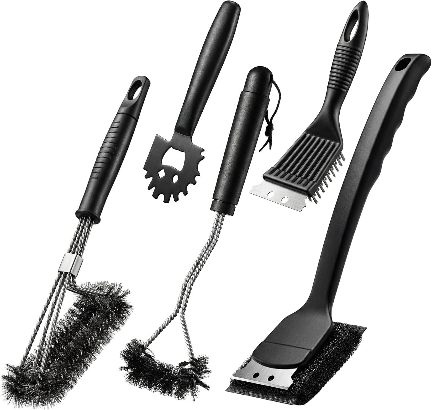 5 Pcs BBQ Grill Brush for Outdoor 304 Stainless Steel Grill Cleaning Tools Set with Scraper, Pointed Tail, Triangular, Scouring Pad Brush for Gas Porcelain Charbroil Grates for Men Dad