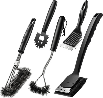 5 Pcs BBQ Grill Brush for Outdoor 304 Stainless Steel Grill Cleaning Tools Set with Scraper, Pointed Tail, Triangular, Scouring Pad Brush for Gas Porcelain Charbroil Grates for Men Dad