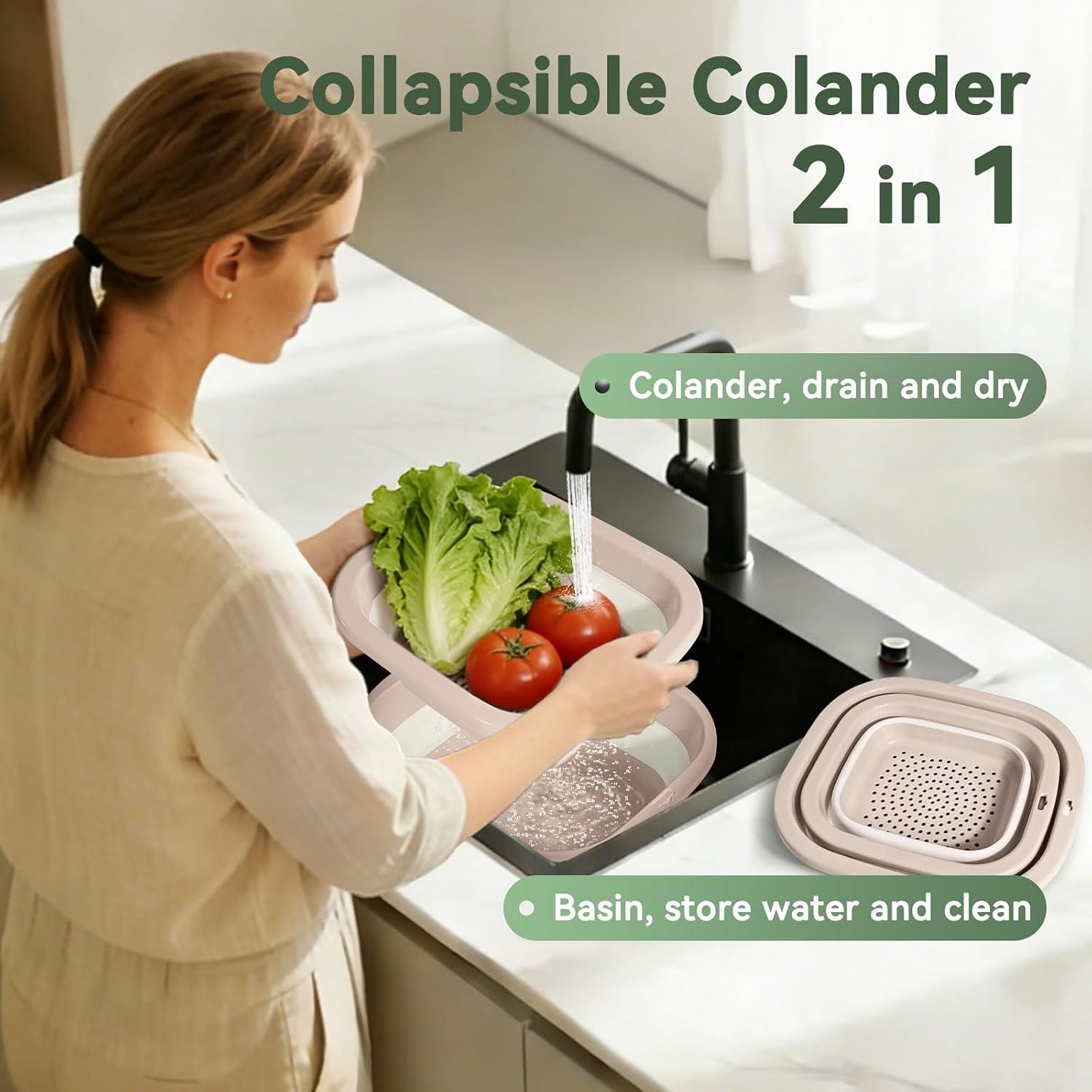 Collapsible Colander and Sink Basin Set - 2 in 1 Collapsible Colander Strainer with Collapsible Wash Basin for Kitchen, RV Camping, Foldable Fruit Vegetable Washing Basket, 8 QT, Blue