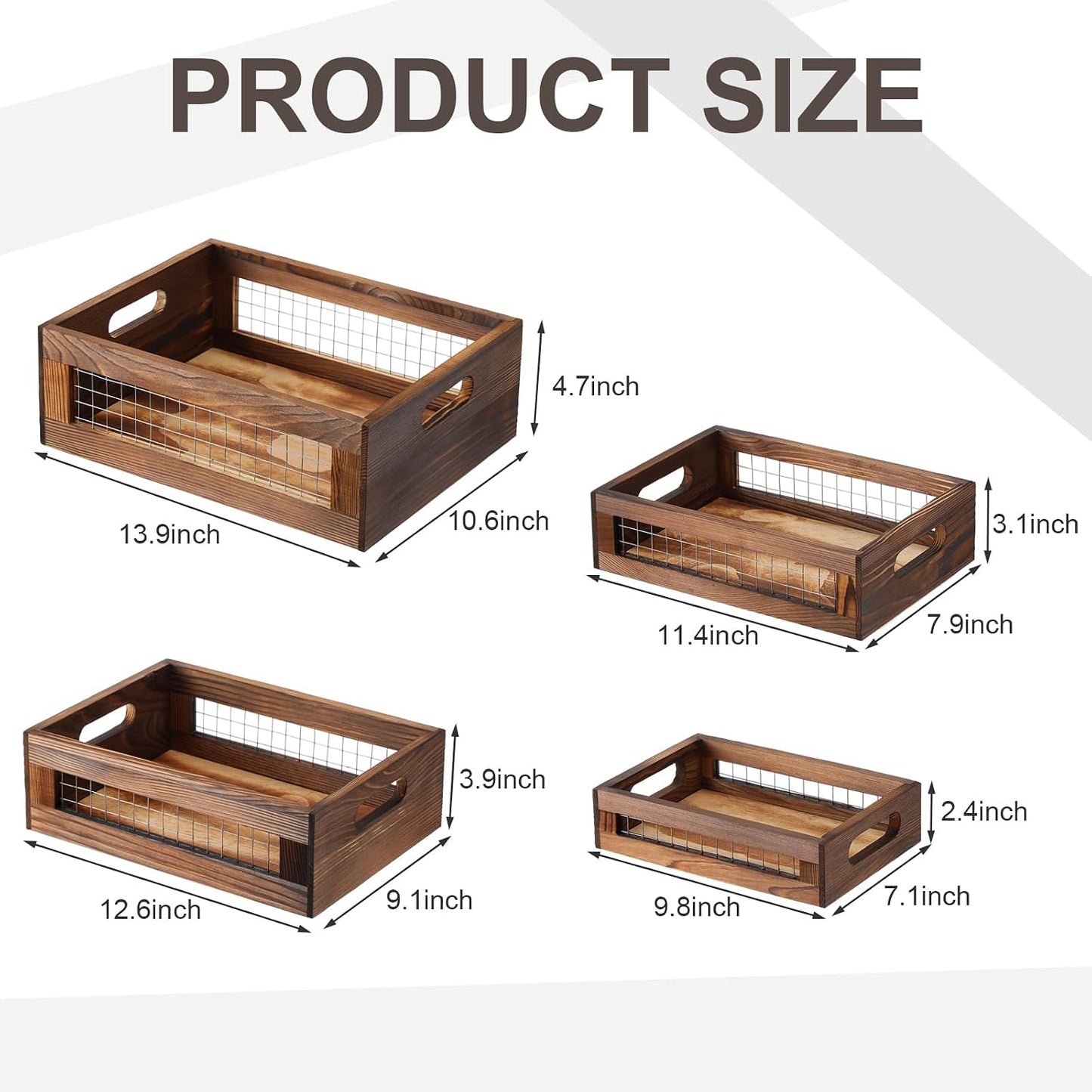 FillTouch 4 Pcs Wooden Nesting Countertop Baskets 4 Size Wooden Storage Box with Handle and Metal Wire Multipurpose Wood Organizer Crate for Fruit Vegetable Kitchen Cabinet Bathroom(Dark Brown,Small)