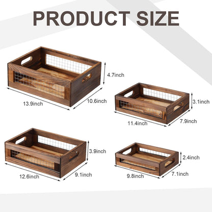 FillTouch 4 Pcs Wooden Nesting Countertop Baskets 4 Size Wooden Storage Box with Handle and Metal Wire Multipurpose Wood Organizer Crate for Fruit Vegetable Kitchen Cabinet Bathroom(Dark Brown,Small)