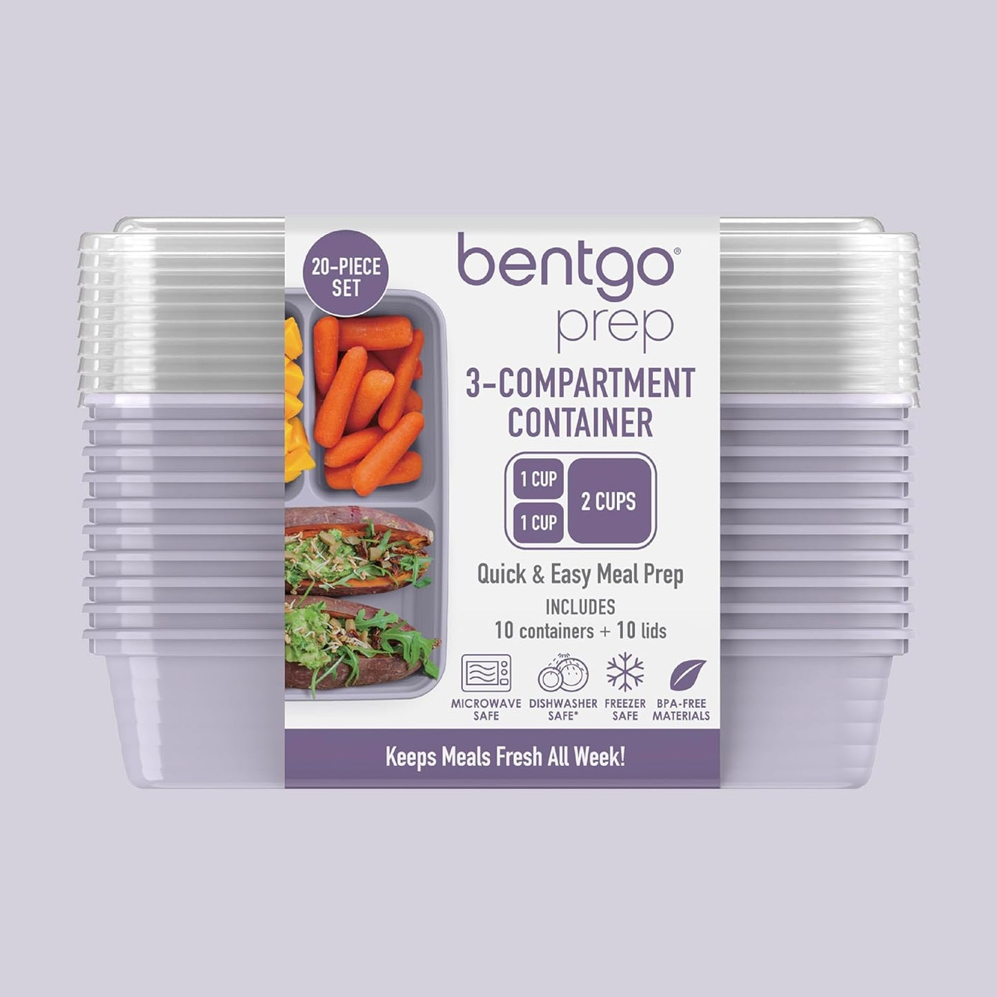 Bentgo Prep - 20-Piece 3-Compartment Reusable Meal Prep Containers with Lids, PFAS & BPA Free Materials, Durable, Microwave, Freezer, & Dishwasher Safe To Go Food Storage (Stone Gray)