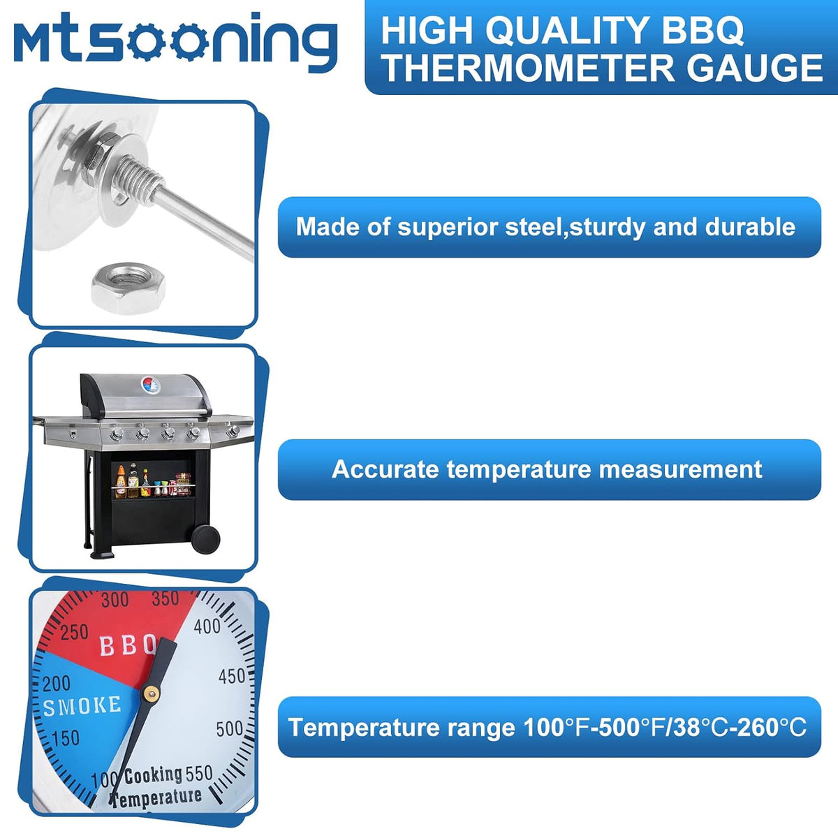 3" Face 1000F Charcoal BBQ Thermometer,1PC Barbecue Temperature Gauge
