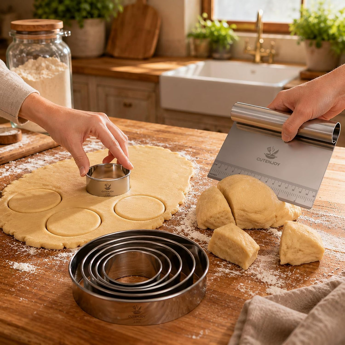 Bench Scraper with 6-Piece Round Cookie Cutters Set, Stainless Steel