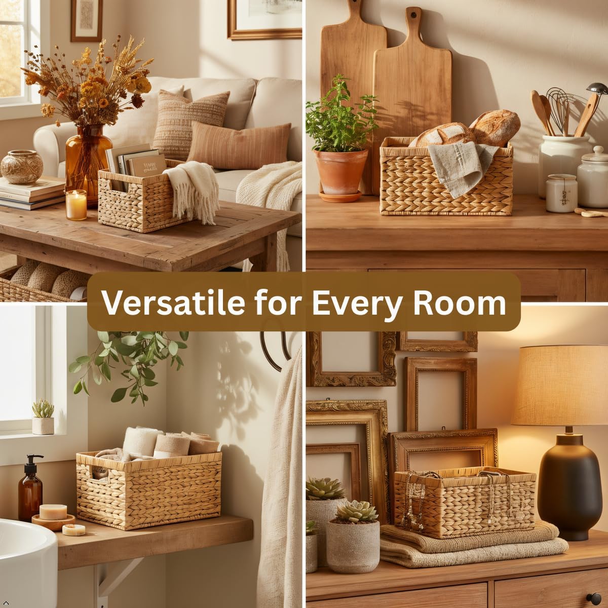 Water Hyacinth Storage Baskets Set of 2 - Medium Decorative Wicker Baskets for Organizing Shelves, Rectangular Woven Storage Bins with Handles for Pantry, Bathroom, Living Room 13"x9"x7"