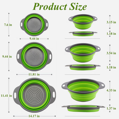 Collapsible Colander Set of 3, Space-Saving Foldable Strainer for Kitchen