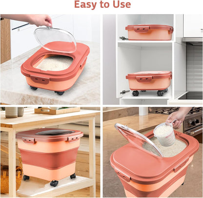 Komzon Rice Storage Containers, Collapsible 20 to 30Lbs Food Storage Bin Dispenser with Rolling Wheel and Clear Airtight Lid, BPA Free Flour, Sugar, Cereal and Dog Cat Pet food Containers
