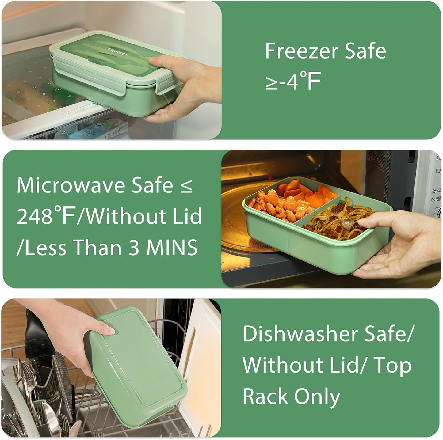 Caperci Classic Bento Box Adult Lunch Box for Older Kids - Leakpoof 47 oz 3-Compartment Lunch Containers for Adults and Teens, Built-in Utensil Set, Ideal for On-the-Go Balanced Eating,Khaki Green